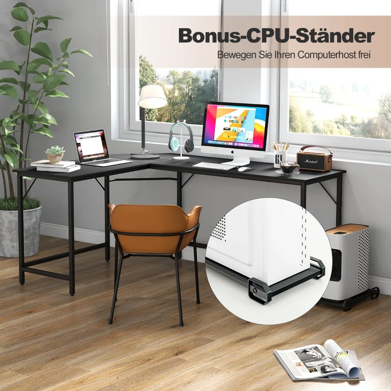 Costway - Schreibtisch L Form, PC Tisch, Schreibtisch groß, L Schreibtisch, mit Steckdose & CPU-Ständer & Robustem Metallrahmen, Schwarz