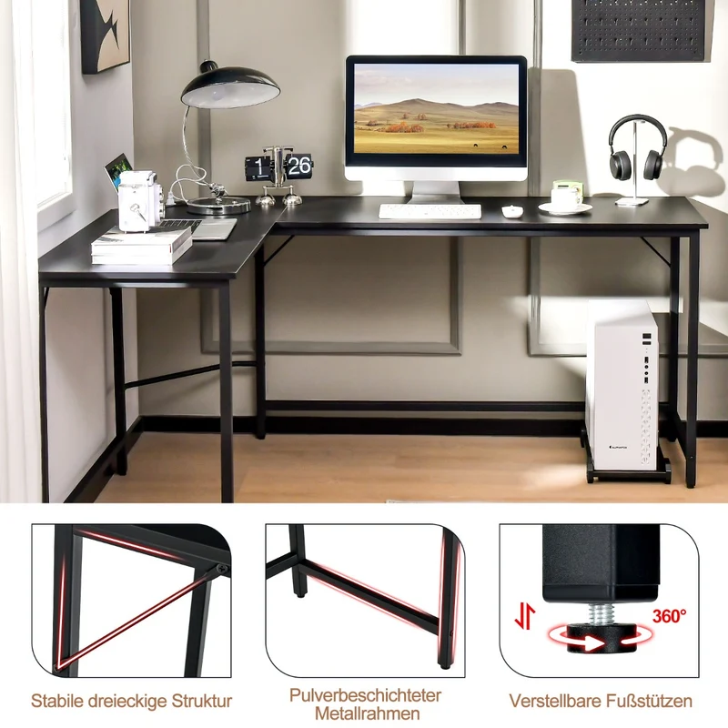 Costway - Schreibtisch L Form, PC Tisch, Schreibtisch groß, L Schreibtisch, mit Steckdose & CPU-Ständer & Robustem Metallrahmen, Schwarz