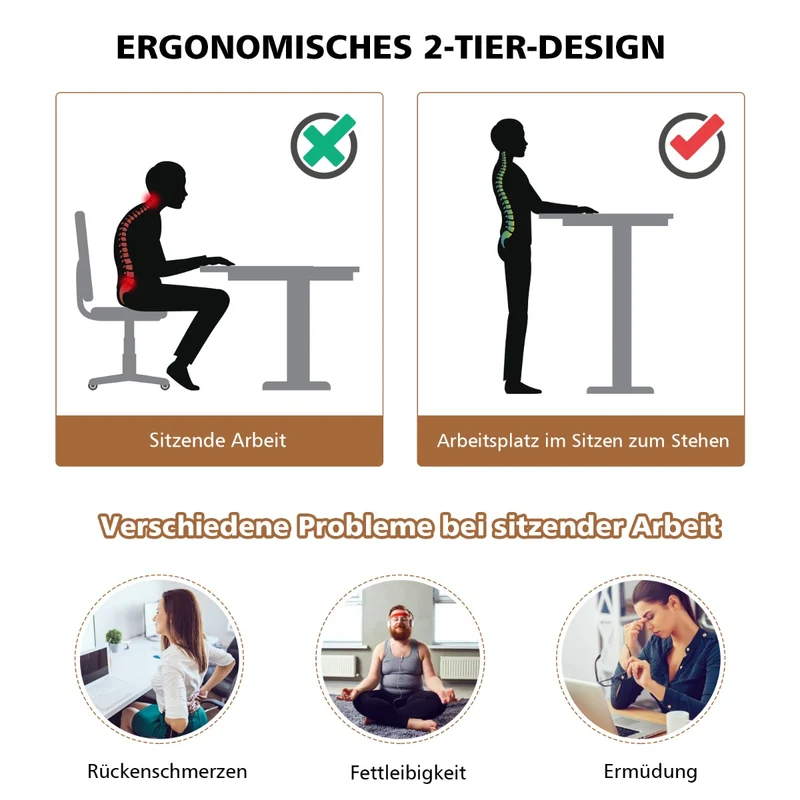 Costway – Mobiler Sitz-Steh-Schreibtisch mit 2 separat höhenverstellbaren Tischplatten und 4 Rollen, Weiß/Natur