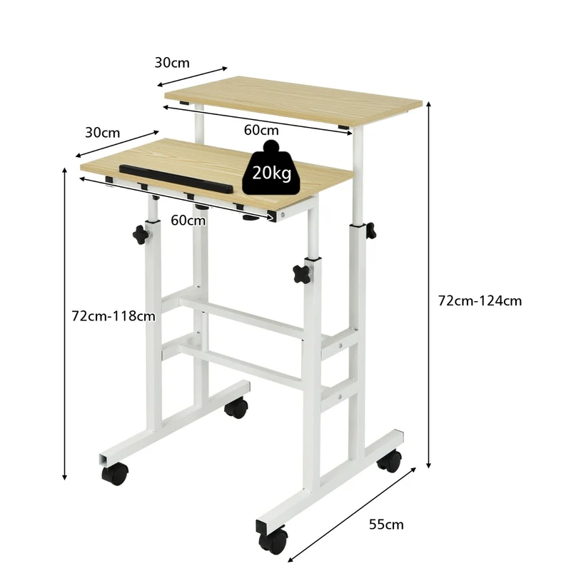 Costway – Mobiler Sitz-Steh-Schreibtisch mit 2 separat höhenverstellbaren Tischplatten und 4 Rollen, Weiß/Natur