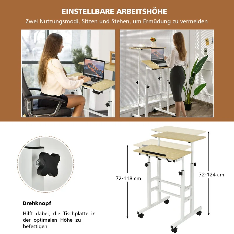Costway – Mobiler Sitz-Steh-Schreibtisch mit 2 separat höhenverstellbaren Tischplatten und 4 Rollen, Weiß/Natur
