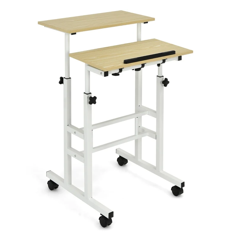 Costway – Mobiler Sitz-Steh-Schreibtisch mit 2 separat höhenverstellbaren Tischplatten und 4 Rollen, Weiß/Natur