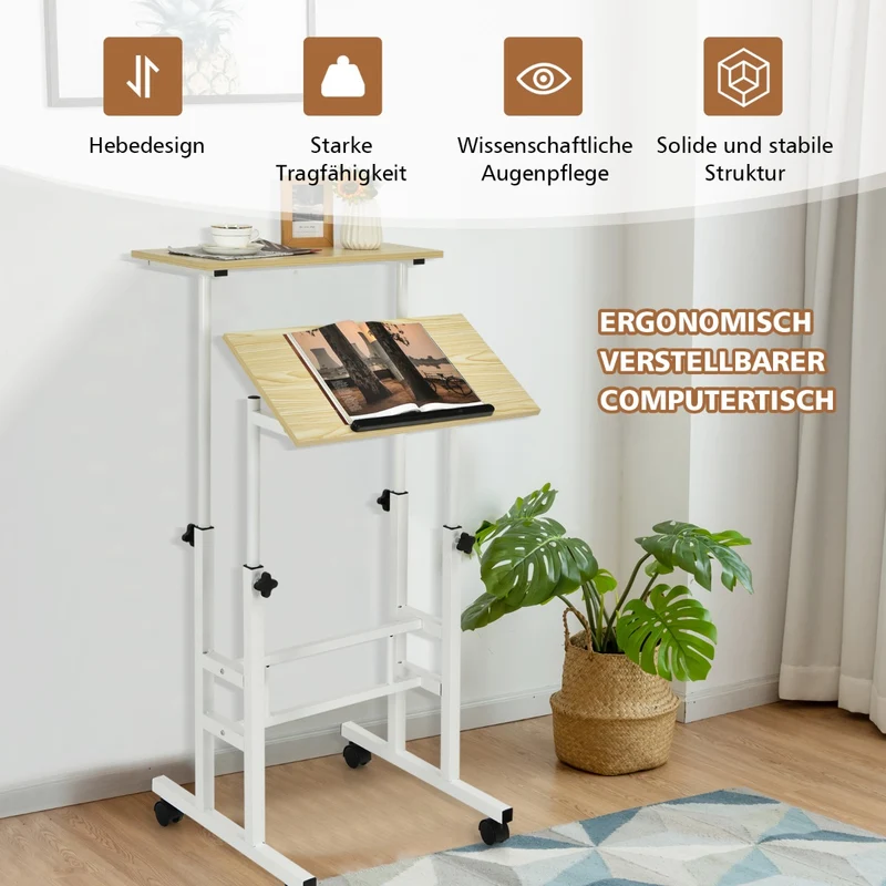 Costway – Mobiler Sitz-Steh-Schreibtisch mit 2 separat höhenverstellbaren Tischplatten und 4 Rollen, Weiß/Natur