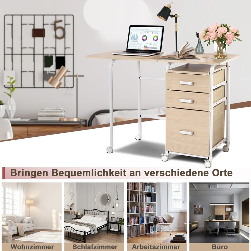 Costway - Klappbarer Computertisch mit 3 Schubladen Schreibtisch 105 x 50 x 75 cm Natur