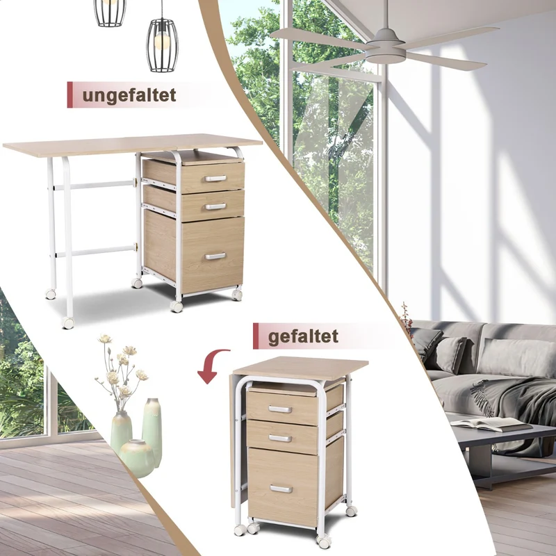 Costway - Klappbarer Computertisch mit 3 Schubladen Schreibtisch 105 x 50 x 75 cm Natur
