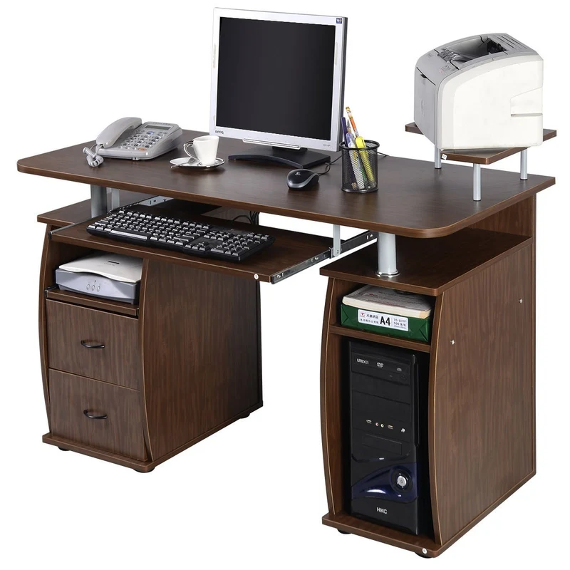 Costway – Computertisch mit Tastaturauszug, Druckerablage, Monitoraufsatz und Schublade, 120 × 55 × 85 cm, Walnuss