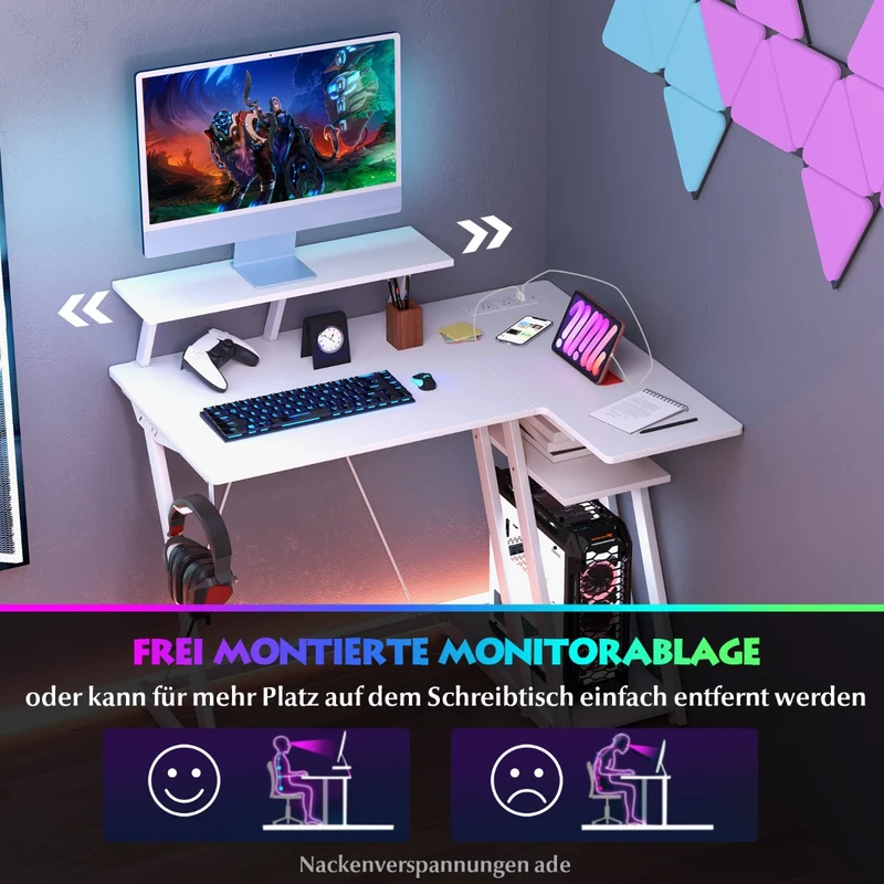 Costway – L-förmiger Gaming-Schreibtisch mit 2 Steckdosen, 2 USB-Anschlüssen und Monitorablage, Weiß