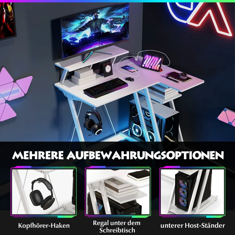 Costway – L-förmiger Gaming-Schreibtisch mit 2 Steckdosen, 2 USB-Anschlüssen und Monitorablage, Weiß