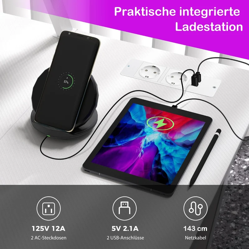 Costway – L-förmiger Gaming-Schreibtisch mit 2 Steckdosen, 2 USB-Anschlüssen und Monitorablage, Weiß