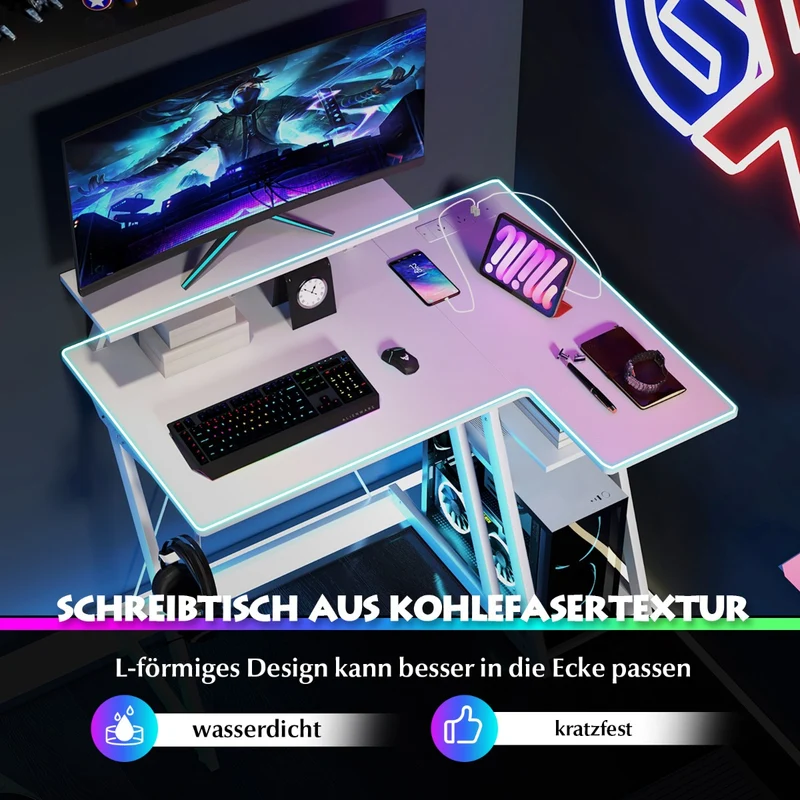 Costway – L-förmiger Gaming-Schreibtisch mit 2 Steckdosen, 2 USB-Anschlüssen und Monitorablage, Weiß