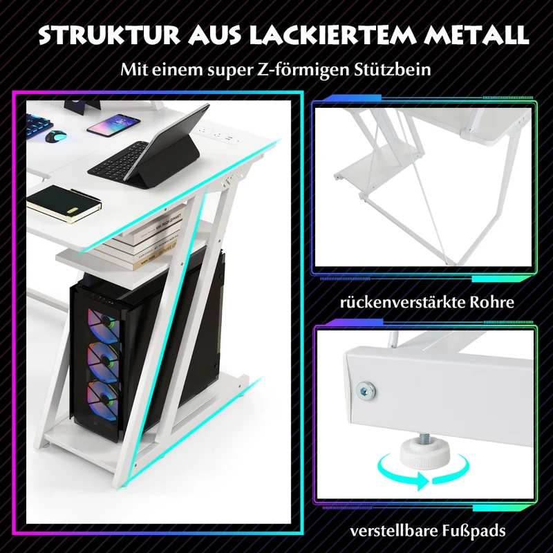 Costway – L-förmiger Gaming-Schreibtisch mit 2 Steckdosen, 2 USB-Anschlüssen und Monitorablage, Weiß