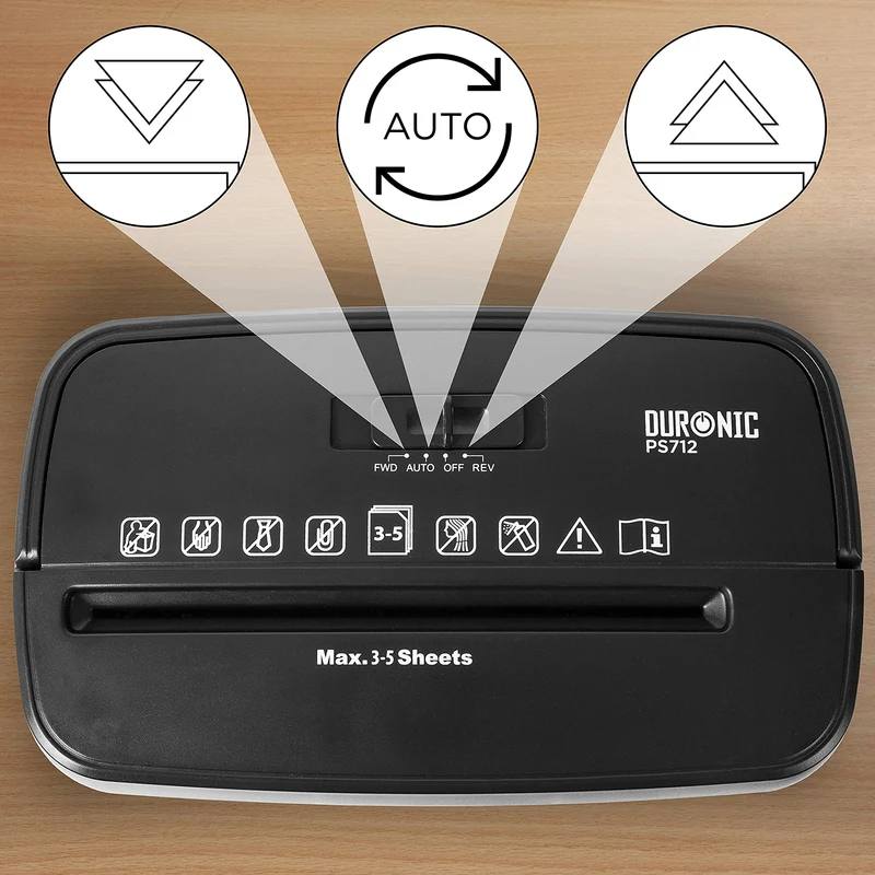 Duronic PS712 Aktenvernichter | 5 Blatt Partikelschnitt P4 | 12 Liter Papierkorb | Kreuzschnitt Schredder für mehr Datenschutz | Zerkleinerer für Home Office Büro | Reisswolf mit Start-Stopp-Automatik