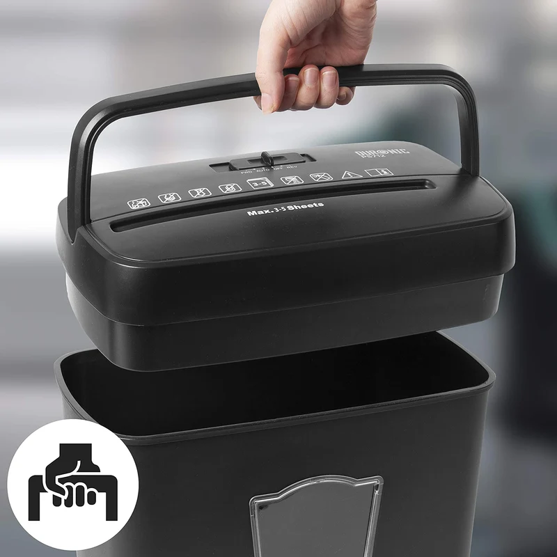 Duronic PS712 Aktenvernichter | 5 Blatt Partikelschnitt P4 | 12 Liter Papierkorb | Kreuzschnitt Schredder für mehr Datenschutz | Zerkleinerer für Home Office Büro | Reisswolf mit Start-Stopp-Automatik