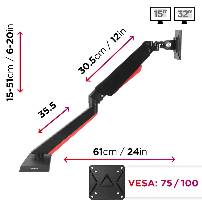 Duronic DMGM5X1 Monitorarm | Monitorhalterung für WQHD Curved Gaming Monitor bis 32 Zoll | Rotes LED Ambient Light | Gasgefedert VESA Halterung | Dreh-, neig, schwenk-, und höhenverstellbar | Bis 8kg