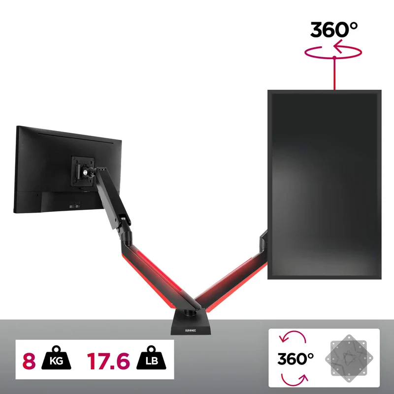 Duronic DMGM5X1 Monitorarm | Monitorhalterung für WQHD Curved Gaming Monitor bis 32 Zoll | Rotes LED Ambient Light | Gasgefedert VESA Halterung | Dreh-, neig, schwenk-, und höhenverstellbar | Bis 8kg