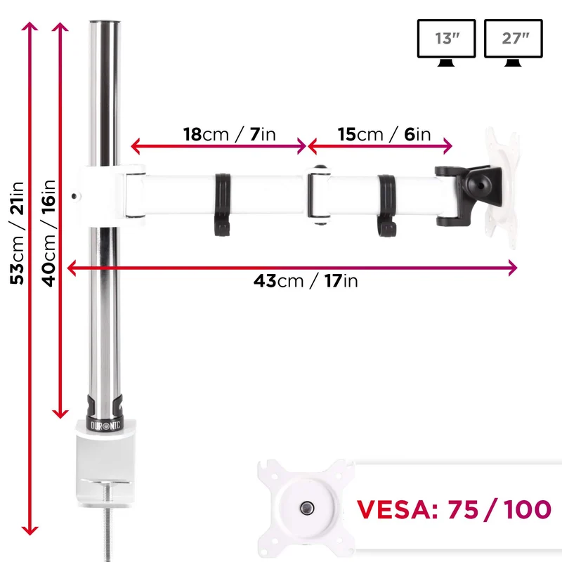 Duronic DM251X3 WE Monitor-Halterung 1 Monitor für 13-27 Zoll Flach & Curved Bildschirm-Halterung 8kg, Monitor Tischhalterung Höhenverstellbar Neigbar Schwenkbar Drehbar, Vesa halterung, Monitor-Arm