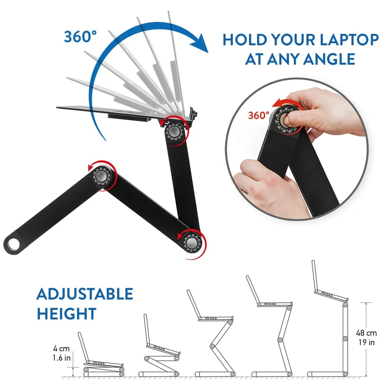 WonderWorker Einstein – klappbarer Laptoptisch fürs Bett und Sofa, höhenverstellbar, für Laptops bis 17 Zoll, mit 2 USB-Lüftern, Schwarz