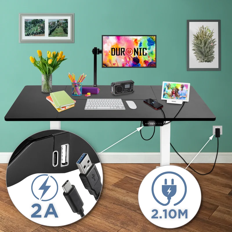 Duronic CD160 WK Höhenverstellbarer Schreibtisch, Computertisch für Büro und Gaming, elektrischer Schreibtisch mit USB Port, 160 x 60 cm Sitz-Steh-Schreibtisch, Höhenverstellbar von 72 bis 118 cm