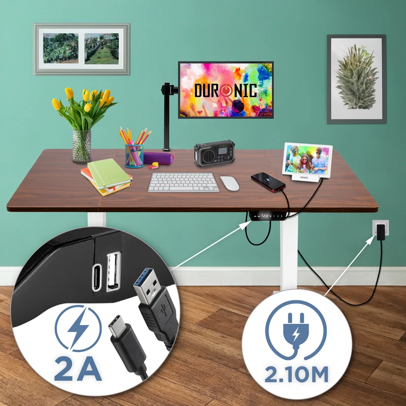 Duronic CD160 WT Höhenverstellbarer Schreibtisch, Computertisch für Büro und Gaming, elektrischer Schreibtisch mit USB Port, 160 x 60 cm Sitz-Steh-Schreibtisch, Höhenverstellbar von 72 bis 118 cm
