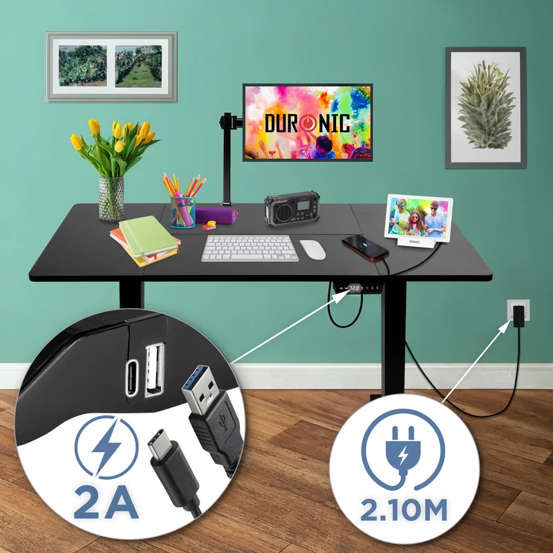 Duronic CD140 BK Höhenverstellbarer Schreibtisch, Computertisch für Büro und Gaming, elektrischer Schreibtisch mit USB Port, 140 x 60 cm Sitz-Steh-Schreibtisch, Höhenverstellbar von 72 bis 118 cm