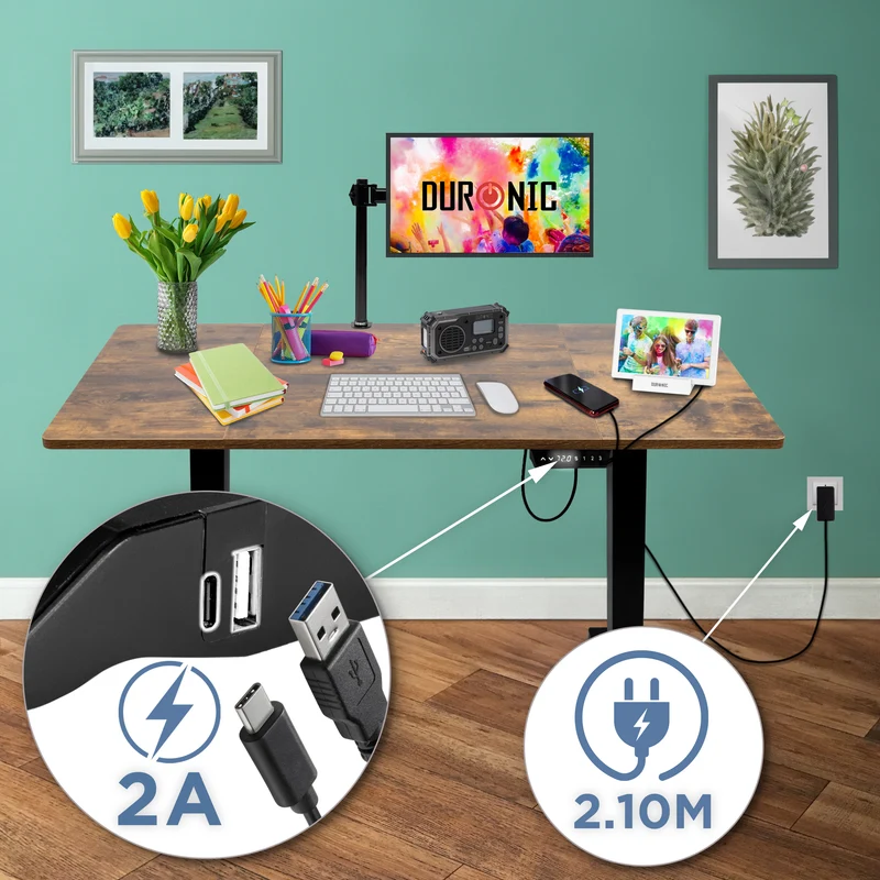 Duronic CD140 BO Höhenverstellbarer Schreibtisch, Computertisch für Büro und Gaming, elektrischer Schreibtisch mit USB Port, 140 x 60 cm Sitz-Steh-Schreibtisch, Höhenverstellbar von 72 bis 118 cm