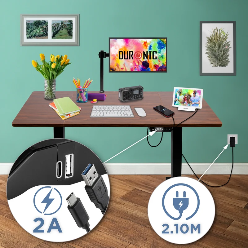 Duronic CD140 BT Höhenverstellbarer Schreibtisch, Computertisch für Büro und Gaming, elektrischer Schreibtisch mit USB Port, 140 x 60 cm Sitz-Steh-Schreibtisch, Höhenverstellbar von 72 bis 118 cm