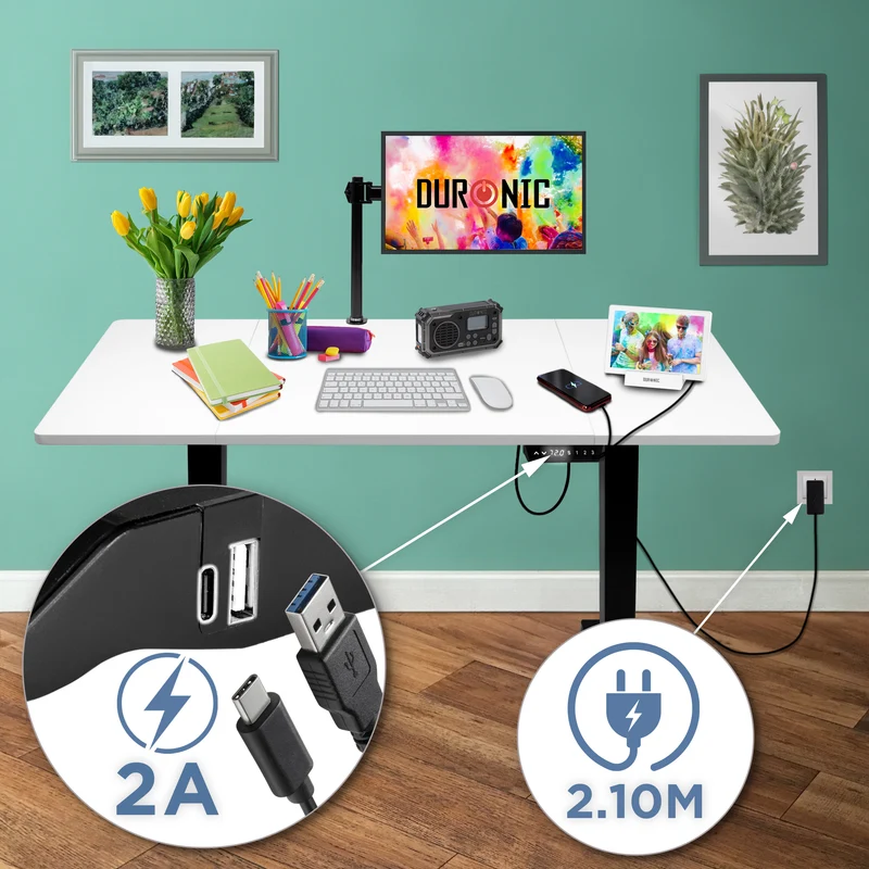 Duronic CD140 BW Höhenverstellbarer Schreibtisch, Computertisch für Büro und Gaming, elektrischer Schreibtisch mit USB Port, 140 x 60 cm Sitz-Steh-Schreibtisch, Höhenverstellbar von 72 bis 118 cm