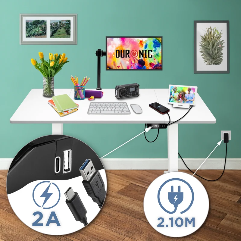 Duronic CD140 WE Höhenverstellbarer Schreibtisch, Computertisch für Büro und Gaming, elektrischer Schreibtisch mit USB Port, 140 x 60 cm Sitz-Steh-Schreibtisch, Höhenverstellbar von 72 bis 118 cm