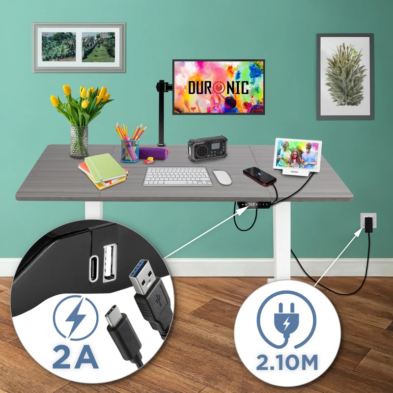 Duronic CD140 WG Höhenverstellbarer Schreibtisch, Computertisch für Büro und Gaming, elektrischer Schreibtisch mit USB Port, 140 x 60 cm Sitz-Steh-Schreibtisch, Höhenverstellbar von 72 bis 118 cm