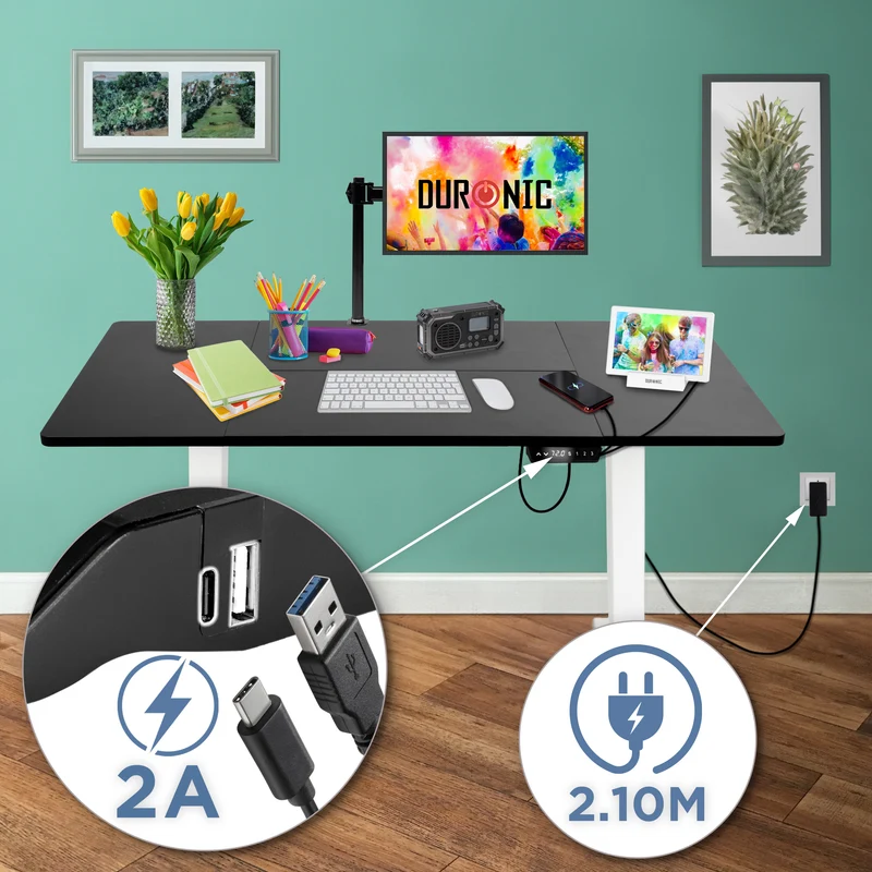 Duronic CD140 WK Höhenverstellbarer Schreibtisch, Computertisch für Büro und Gaming, elektrischer Schreibtisch mit USB Port, 140 x 60 cm Sitz-Steh-Schreibtisch, Höhenverstellbar von 72 bis 118 cm