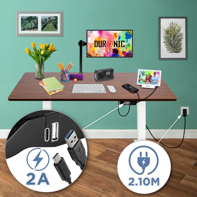 Duronic CD140 WT Höhenverstellbarer Schreibtisch, Computertisch für Büro und Gaming, elektrischer Schreibtisch mit USB Port, 140 x 60 cm Sitz-Steh-Schreibtisch, Höhenverstellbar von 72 bis 118 cm