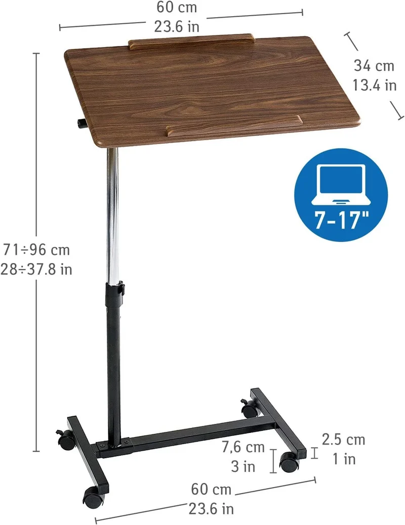 Tatkraft Gain – Laptoptisch Höhenverstellbar, Laptoptisch fürs Sofa, Bett, neigbare Tischplatte, mit Rollen, verchromter Stahl, MDF, Walnussoptik