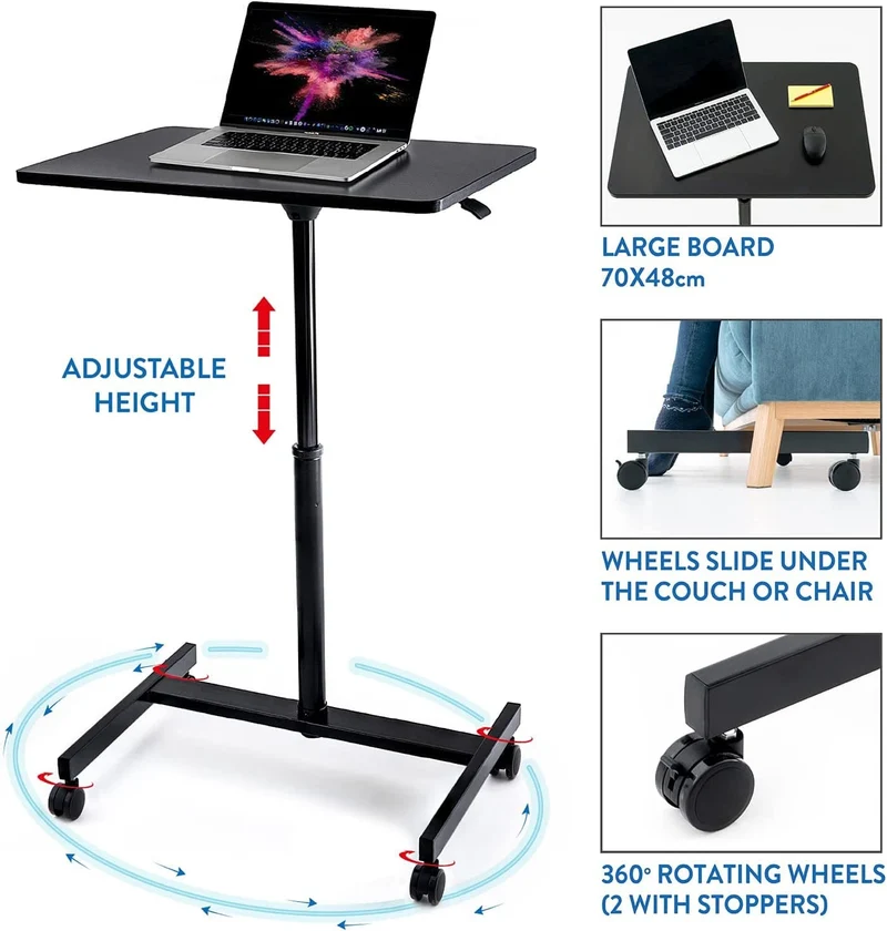 Tatkraft Focus – Höhenverstellbarer Laptoptisch mit Gasfeder und Rollen, 74–114 cm, Schwarz