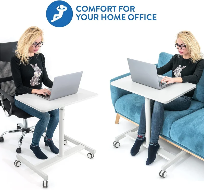 Tatkraft Trend – Höhenverstellbarer Laptoptisch mit Gasfeder und Rollen, 74–114 cm, Tischplatte 70 × 48 cm, Weiß
