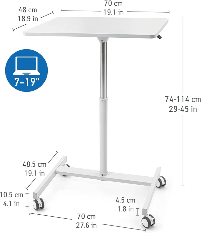 Tatkraft Trend – Höhenverstellbarer Laptoptisch mit Gasfeder und Rollen, 74–114 cm, Tischplatte 70 × 48 cm, Weiß
