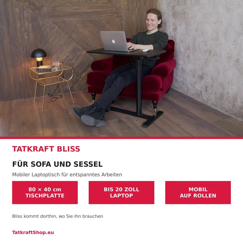 Tatkraft Bliss – Laptoptisch höhenverstellbarer, Airlift, 74–115 cm, Tischplatte 80 × 40 cm, für Laptops bis 20 Zoll, auf Rollen, Stahl, MDF, Schwarz