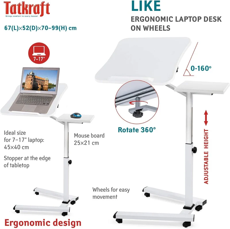 Tatkraft Like Laptoptisch Höhenverstellbar, Laptoptisch mit Rollen und Mausablage, Laptoptisch Sofa, Laptoptisch Bett, MDF, verchromter Stahl, weiß