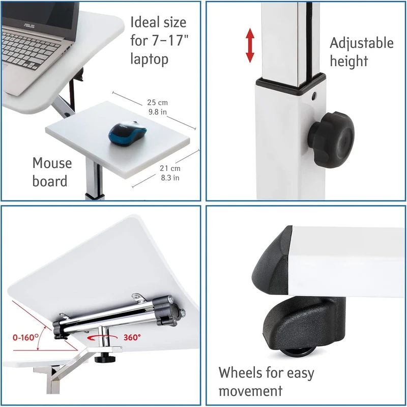 Tatkraft Like Laptoptisch Höhenverstellbar, Laptoptisch mit Rollen und Mausablage, Laptoptisch Sofa, Laptoptisch Bett, MDF, verchromter Stahl, weiß