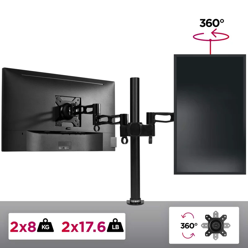 Duronic DM352 BK Monitorarm | Monitor Halterung 2 Bildschirme bis 27" Zoll | LCD LED Display Ständer bis 8 kg | Höhenverstellbar | Neigbar -15° bis +15° | Drehbar 360° | Monitorhalterung 2fach Arm