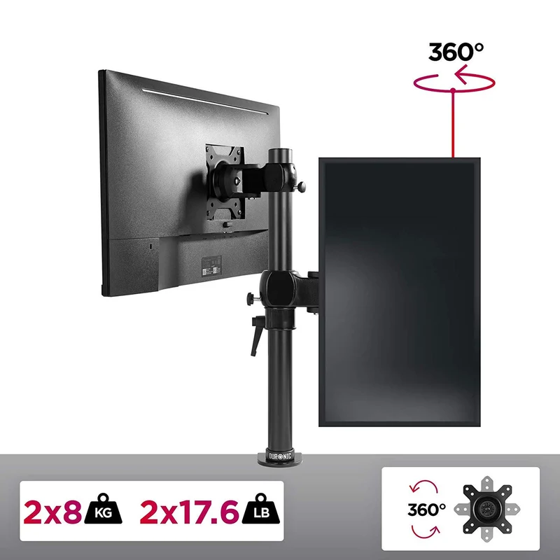 Duronic DM35V2X1 Monitorarm | Vertikale Monitor Halterung 2 Bildschirme bis 27" Zoll | LCD LED Display Ständer bis 8 kg | Höhenverstellbar | Neigbar -15° bis +15° | Drehbar 360° | Monitorhalterung Arm
