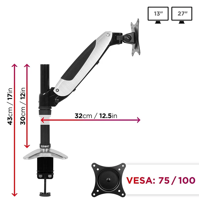 Duronic DM651X1 Monitorhalterung | Monitorständer für 1 Monitor bis 27 Zoll | VESA 75/100 | Belastbarkeit 8kg | Höhenverstellbar | Neigbar -90° bis +85° | Drehbar 360° | Monitorarm mit Gasdruckfeder