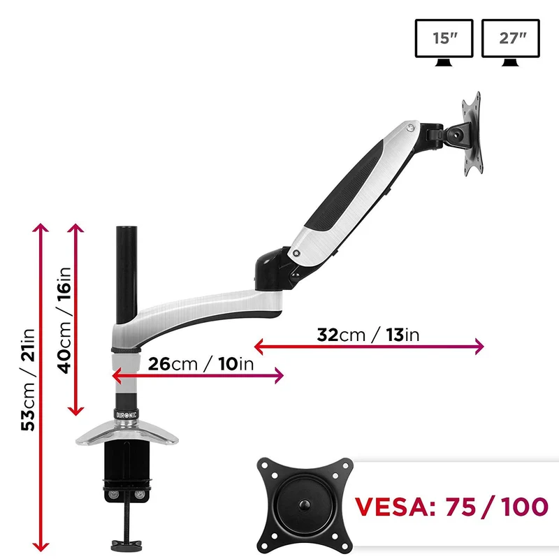 Duronic DM651X2 Monitorhalterung | Monitorständer für 1 Monitor bis 27 Zoll | VESA 75/100 | Belastbarkeit 8kg | Höhenverstellbar | Neigbar -90° bis +85° | Drehbar 360° | Monitorarm mit Gasdruckfeder